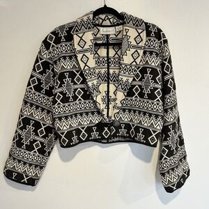 Vtg 90s Tapestry Cropped Jacket Aztec Southwest Inspired Womens Med LG Blk White